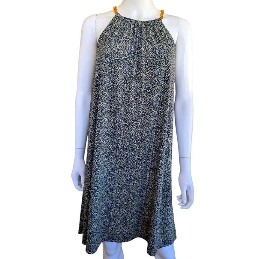 MICHAEL Michael Kors Halter Gold Chain Link Straps Navy & Yellow Dress